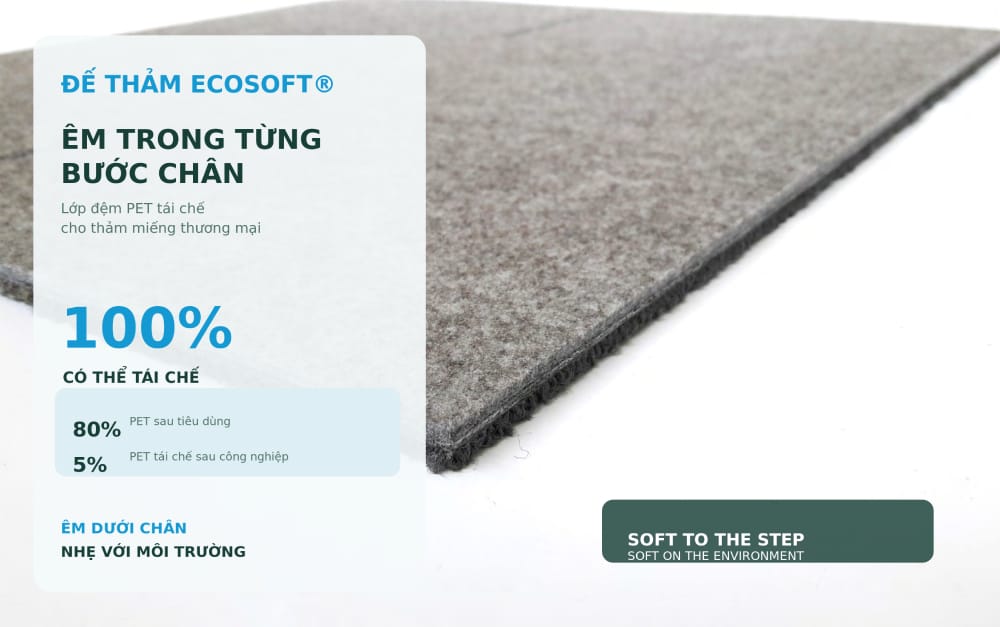 Đế thảm EcoSoft êm dưới chân và sử dụng vật liệu PET tái chế.