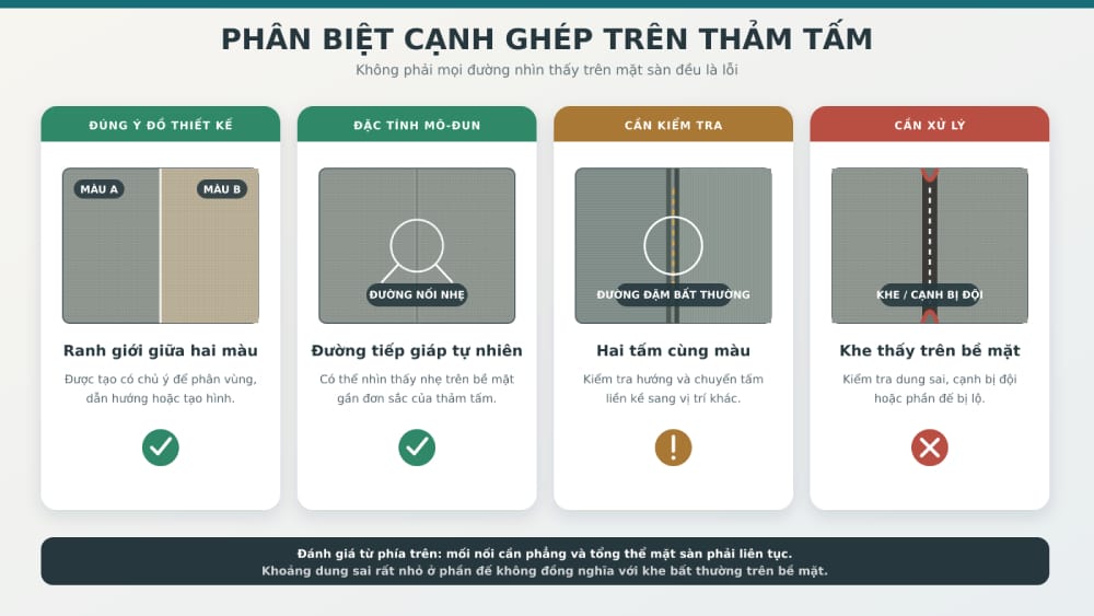 Mối nối cần phẳng và liên tục khi quan sát từ phía trên. Cần phân biệt ranh giới màu có chủ ý, đường nối tự nhiên của thảm mô-đun và khe bất thường cần xử lý.