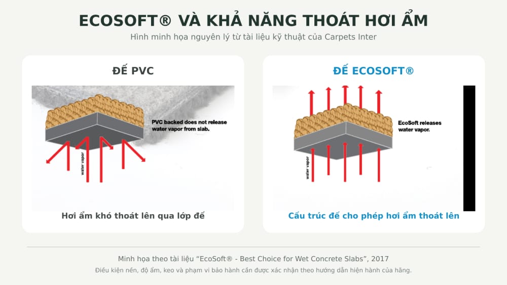 Sử dụng hình so sánh đế cứng và EcoSoft x từ tài liệu hãng chị đã gửi. Chuyển toàn bộ tiêu đề, nhãn và chú thích sang tiếng Việt; giữ đúng hướng di chuyển hơi ẩm trong