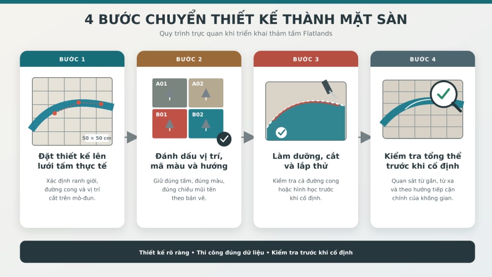 Từ bản vẽ đến mặt sàn_ xác lập lưới tấm, đánh dấu, lắp thử chi tiết và kiểm tra tổng thể trước khi cố định.