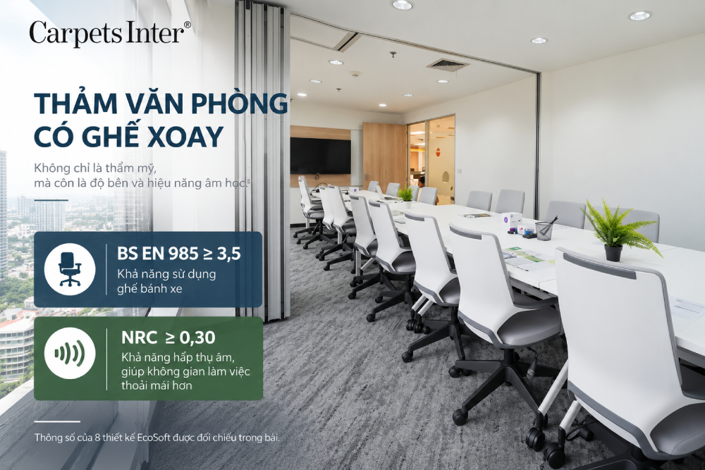 Thảm đạt BS EN 985 ≥3,5 - tiêu chuẩn thử nghiệm dành cho vật liệu phủ sàn dệt dưới tác động của ghế bánh xe (Castor Chair Test)